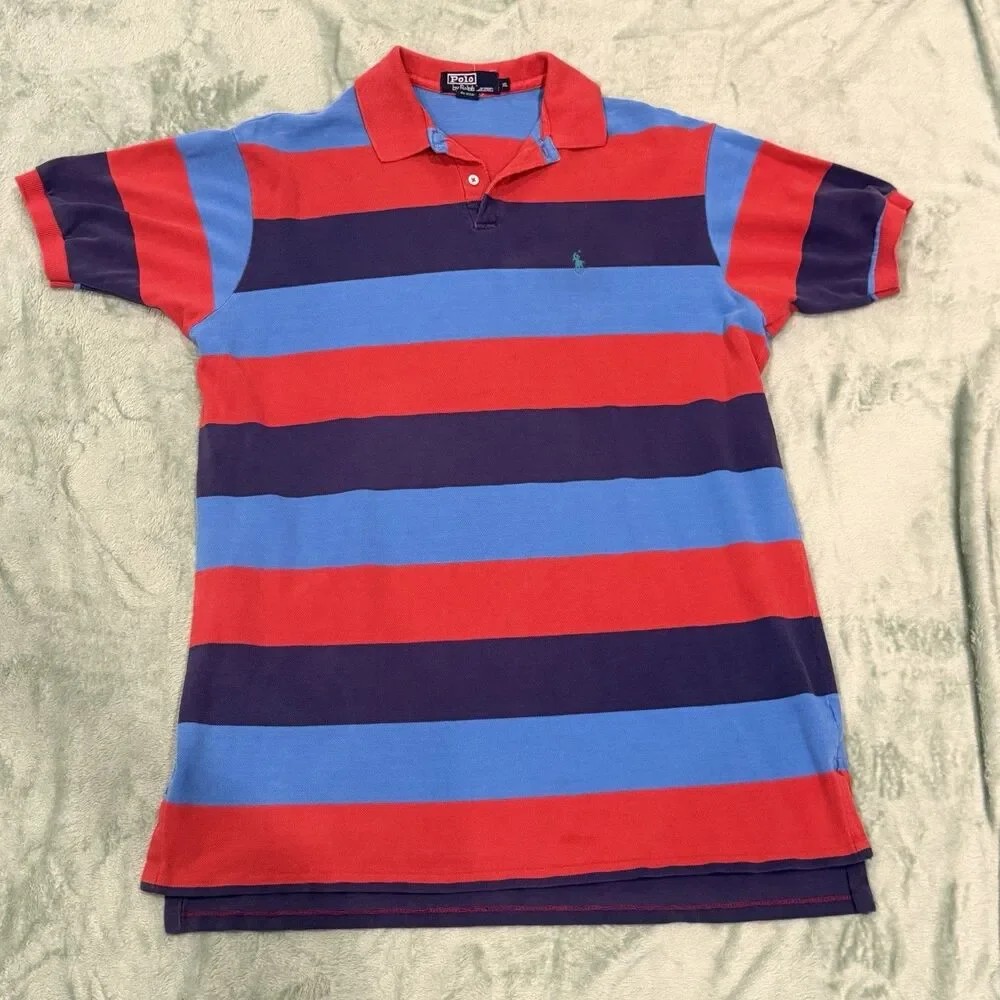 Vintage 90s Polo Ralph Lauren Mens XL Made in USA Red Blue Striped Polo Shirt